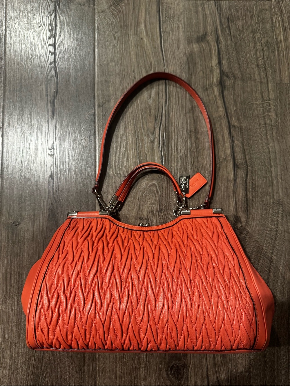 Coach Madison Gathered Twist Carrie Satchel Textured Orange coral Quilted purse